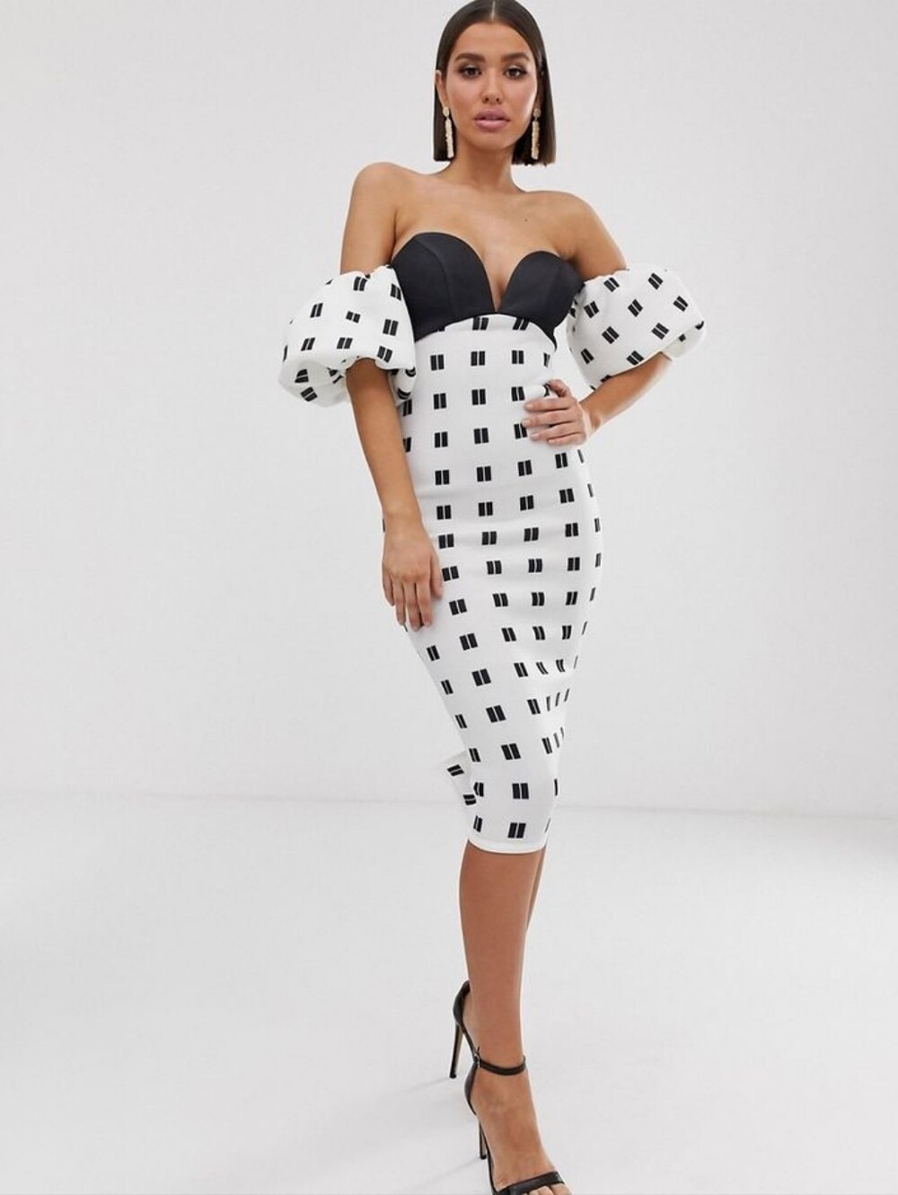 NWT ASOS Design Mono Grid Puff Sleeve Midi Dress Off The Shoulder Sz 4 Cocktail
